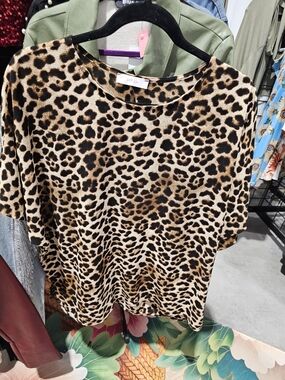 Leopard Print Short Sleeve Top - Beige/Black -